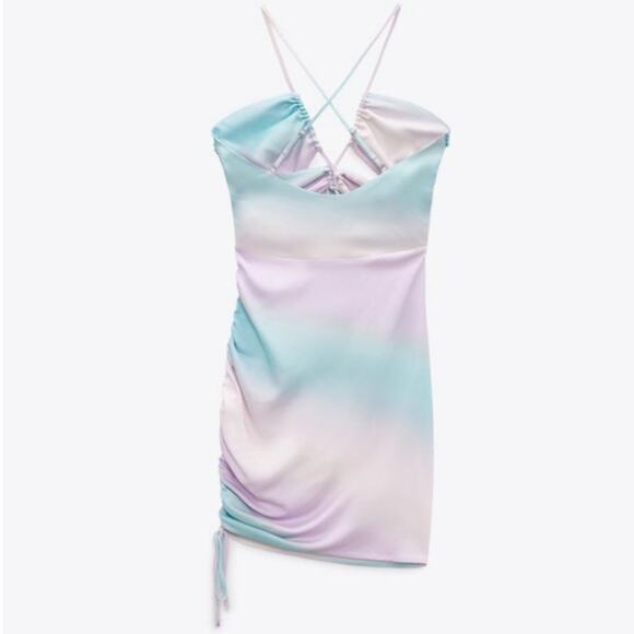 ZARA Tie Dye Satin Effect Mini Dress Drawstring & Cutouts Large - Picture 4 of 10